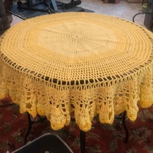 Crocheted Round Tablecloth Yellow 60” Diameter Handmade